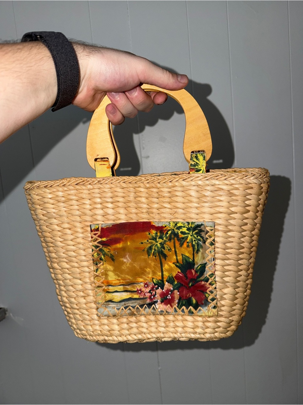 Woven Cornhusk Straw Tote with Tropical Print Panel - Yellow